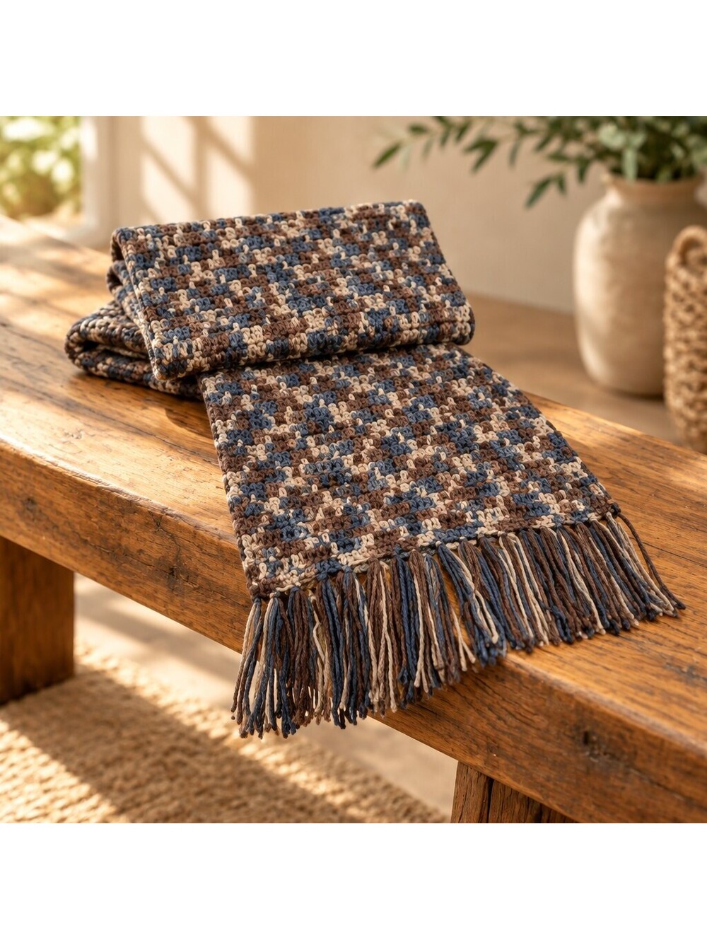 Handmade Prayer Shawl Lap Blanket Geometric Mosaic Crochet Brown Blue Gray1215